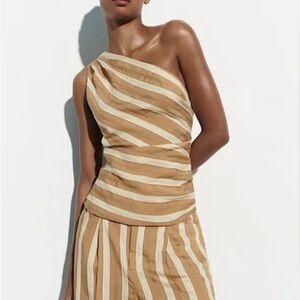Zara One-Shoulder Striped Top in Tan and Cream